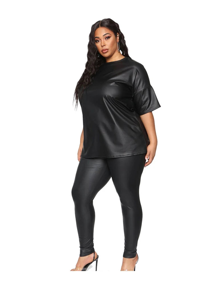 Black Faux Leather Women's Short Sleeve Blouse + Stretch Leggings 2-Piece Set to 5X Plus Size