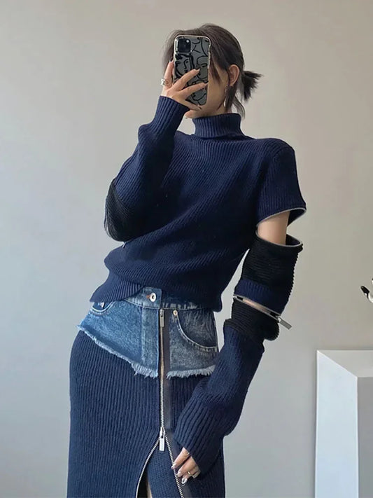 Turtleneck Zipper Detail Patchwork Navy Hollow-Out Long Sleeve Sweater + Denim Colorblock Zipper Skirt 2-Piece Set