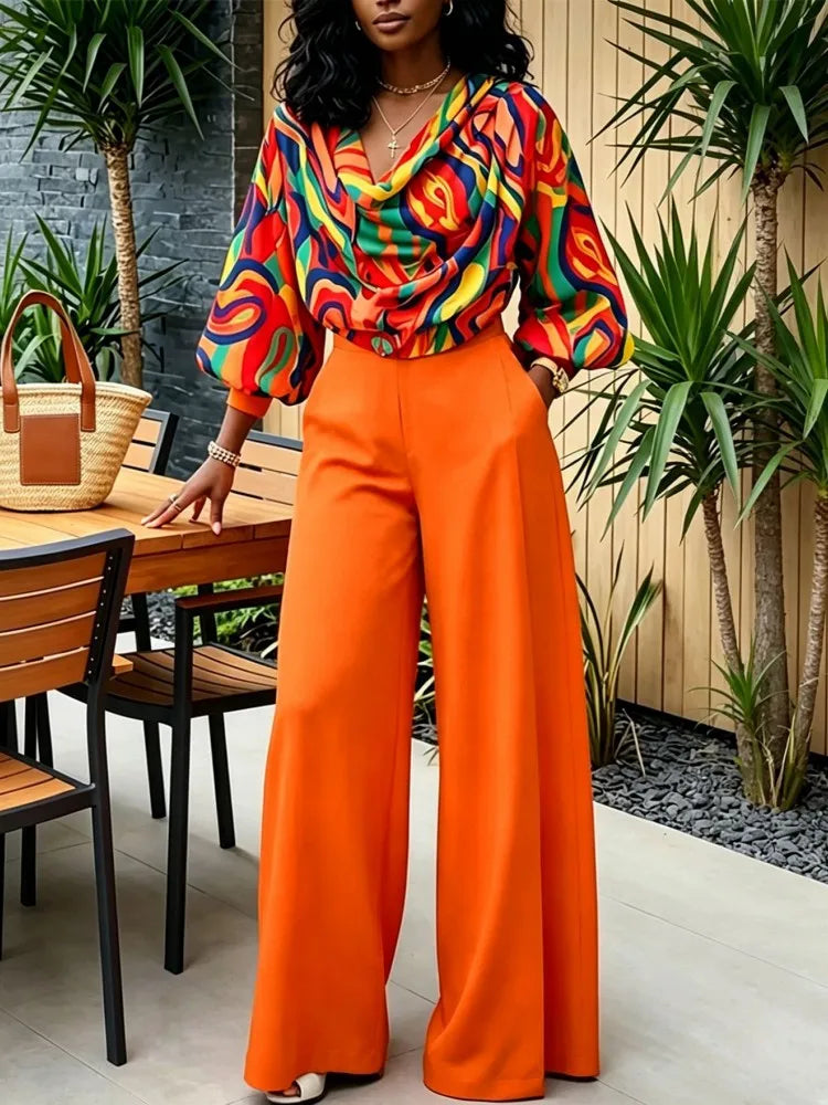 Geometric Print Women's Long Sleeve Top + Solid Color Pants Set to 5X Plus Size