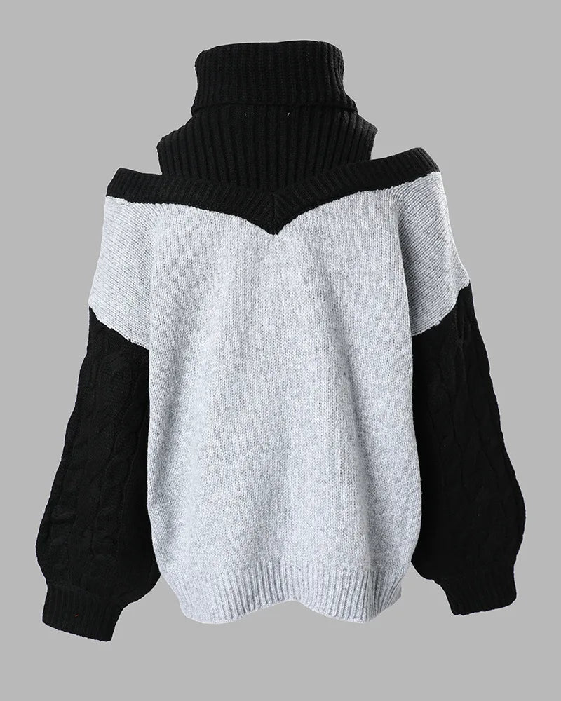 Colorblock Cold Shoulder Lantern Sleeve Pullover Hollow-Out Ladies Sweater