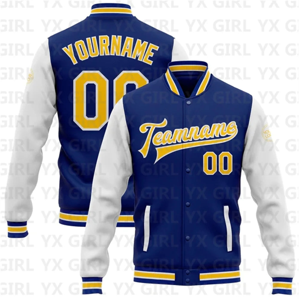 Customized Unisex 3D Letter Print/Team Name Personalized Royal White/Black/Gray Full-Snap Letterman's 2-Tone Baseball Button-Up Varsity Bomber Jacket