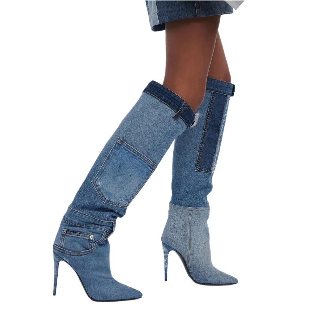 Camoflauge/Denim Over-the-Knee Pocket Pointed Toe Stiletto Boots