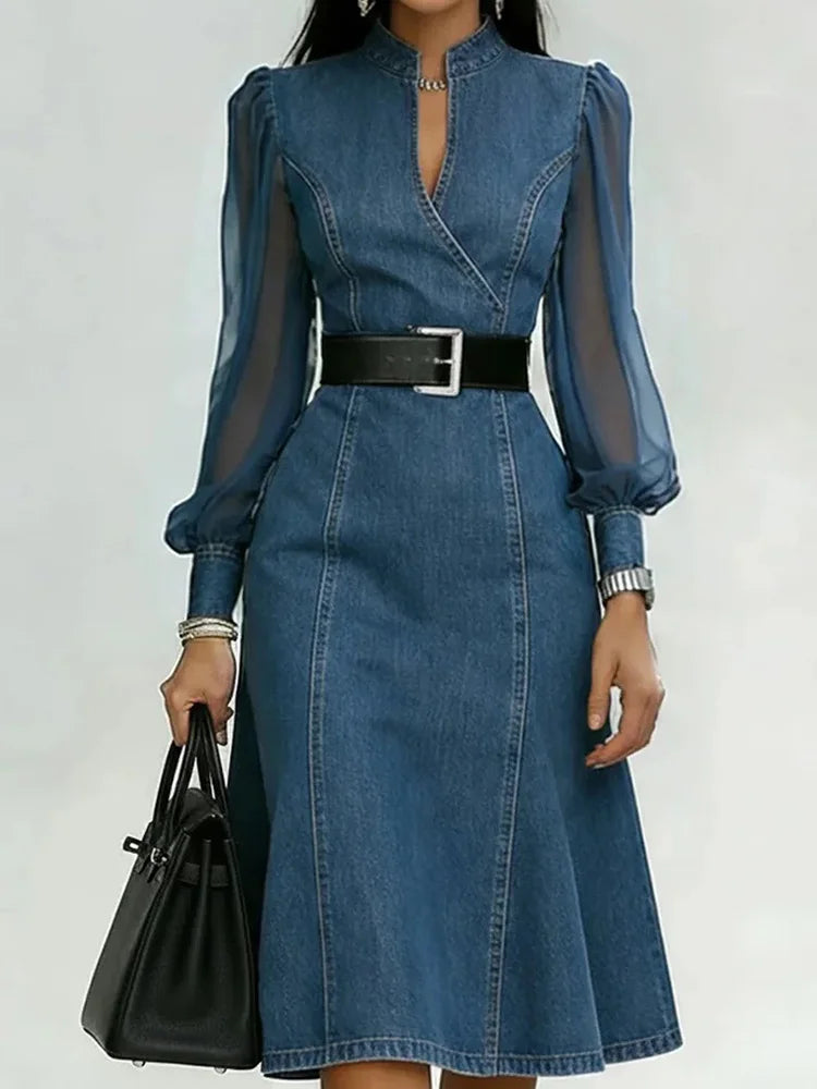 Denim Transparent Sheer Long Lantern Sleeve V-Neck Belted Midi Jean Dress