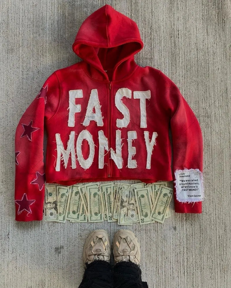 Embroidered #FAST MONEY" Men's Retro Casual Loose Oversized Hip Hop Zipper Hoodie Sweatshirt