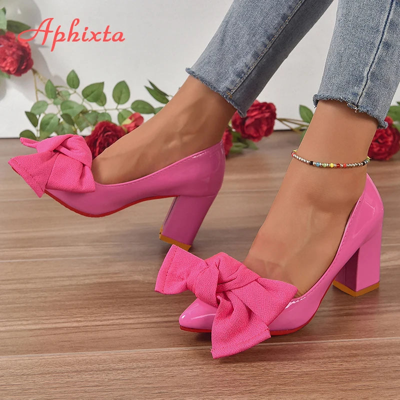 Oversized Butterfly Knot Bow Flower Design Patent Leather Square Heel Women's Pumps