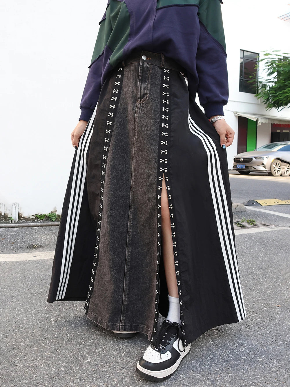 240939 European American Personalized Buttons Woman A-E Skirt Loose Plus Size Patchwork Denim Long Skirts Faldas Mujer Saias
