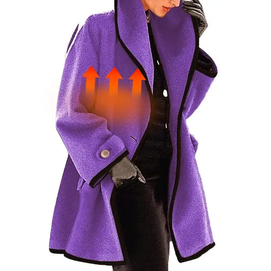 Hooded Wool Colorblock Long Sleeve Ladies Coat