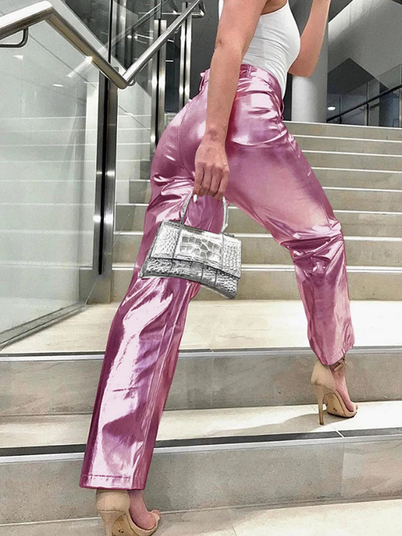PU Leather Candy Color High Waisted Women's Streetwear Pants