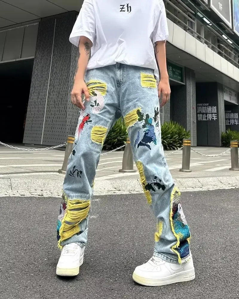 Streetwear Baggy Stacked Ripped Graphic Embroidered Hip Hop Jeans