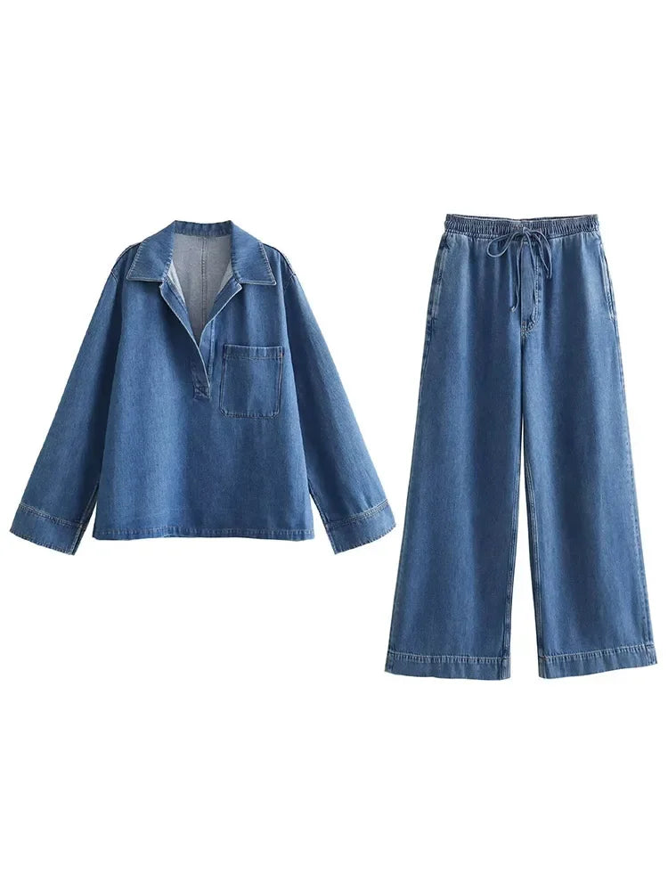 Denim Pocket Detail V-Neck Long Sleeve Pullover Jacket + Elastic Waist High Wide Leg Jeans 2-Piece Set