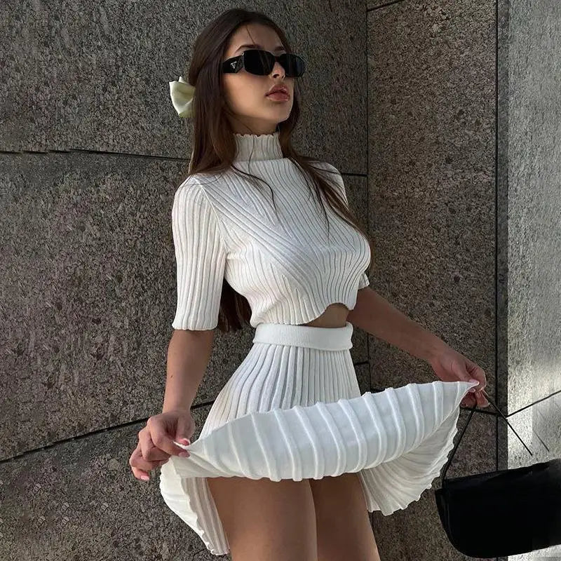 Ribbed Knitted Solid Color Short Sleeve Crop Top + Pleated Mini Skirt 2-Piece Set