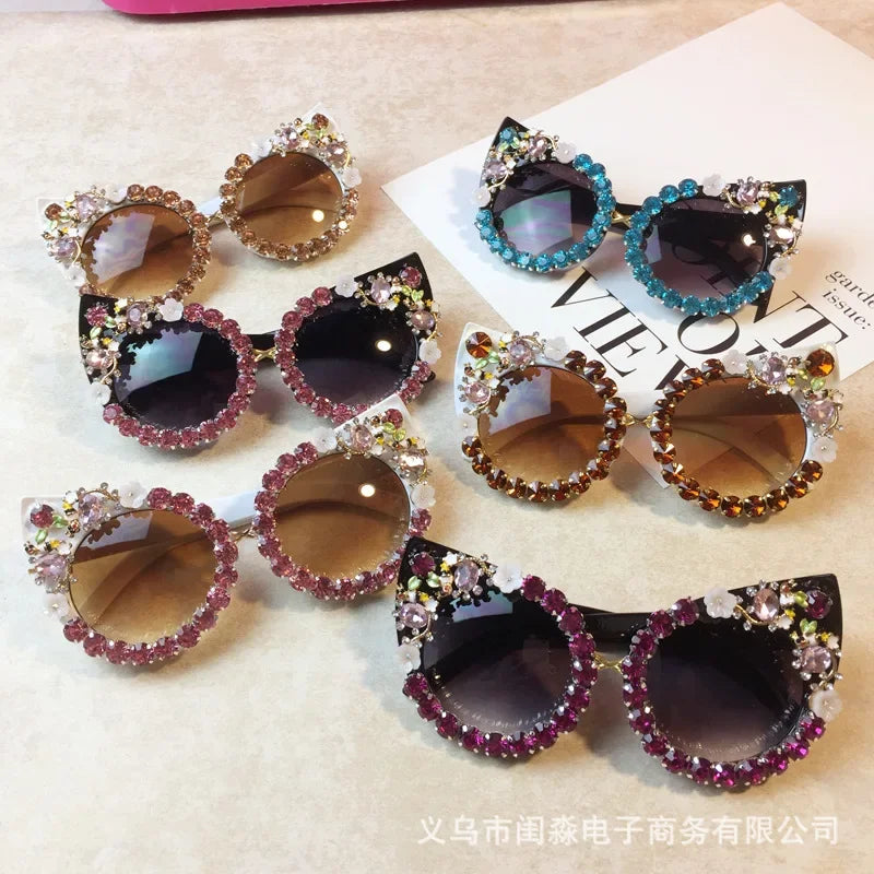 Handmade Floral Pearl Rhinestone Pointed Cat-Eye Round Vintage Women's Sunglasses