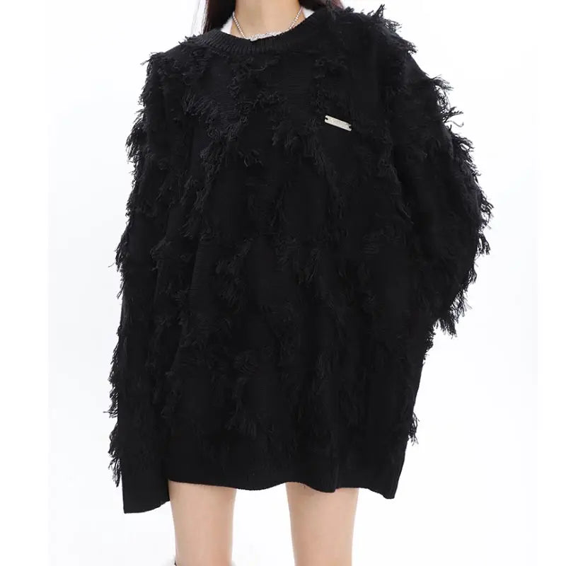 Oversized Fringe Tassel Design Knitted Women's Streetwear Loose Pullover Loose Sweater