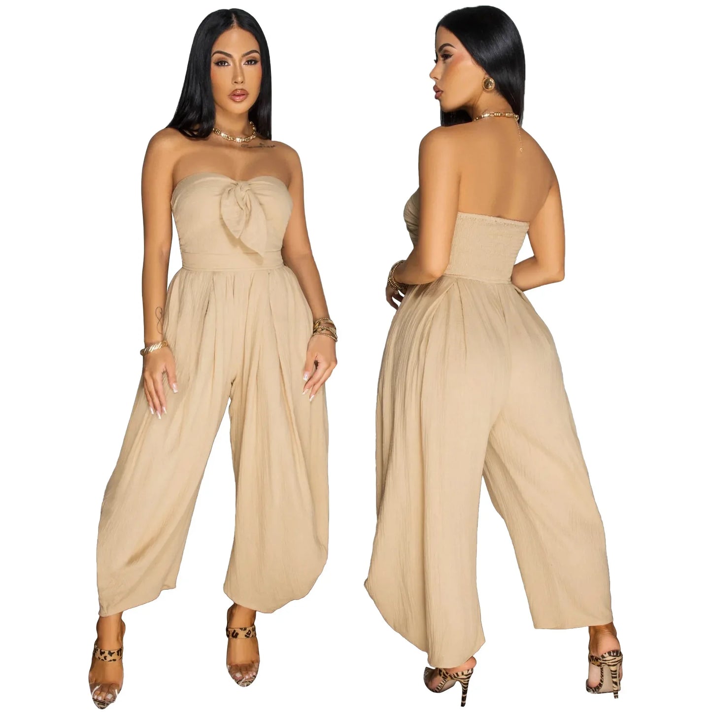 Sleeveless Bowknot Design Solid Color Baggy Tube Top Women's Jumpsuit