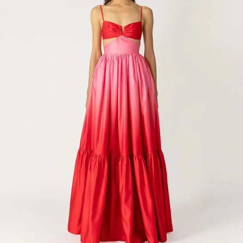 Gradient Tie-Dye Ombre Spaghetti Strap V-Neck Hollow-Out Backless Flared Ruffled Sleeveless Maxi Dress