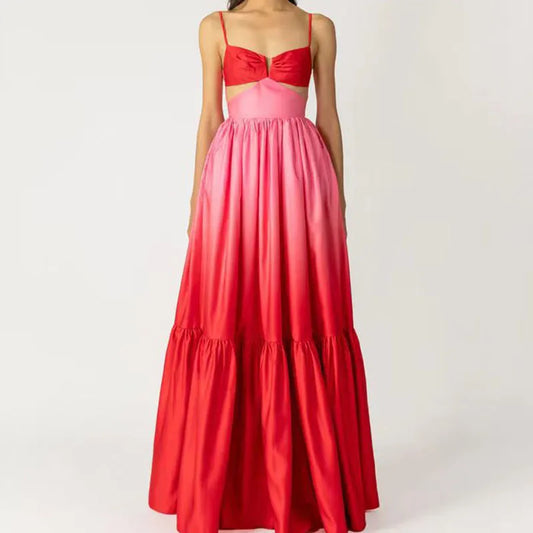 Gradient Tie-Dye Ombre Spaghetti Strap V-Neck Hollow-Out Backless Flared Ruffled Sleeveless Maxi Dress