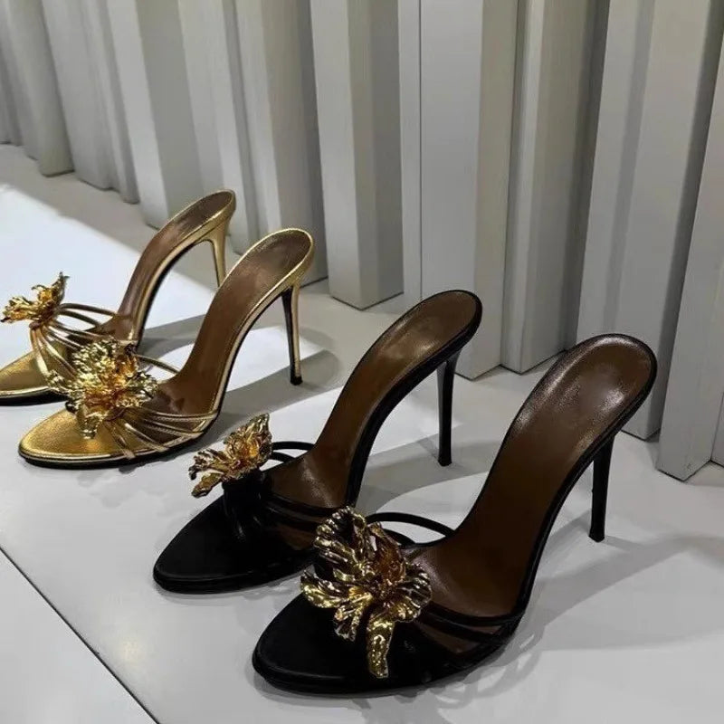 Metal Flower Decor Fashion Women's Stiletto High Heel Slip-On Sandal Pumps