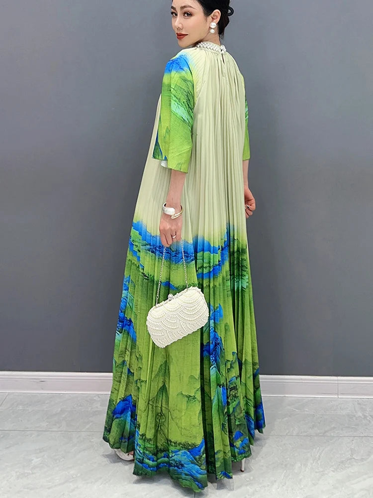 Colorblock Diamond Green Oversized Pleated Short Sleeve Inlaid Maxi Dress