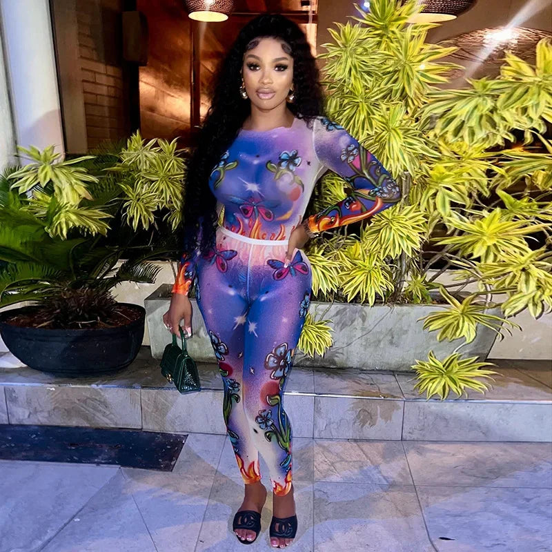 Purple Sheer Skin Tight Transparent Mesh Butterfly Flower Print Women's + Leggings 2-Piece Set