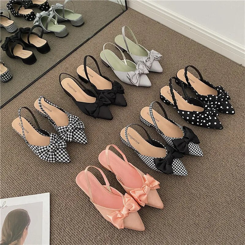 Bowtie Slingback Houndstooth/Plaid/Polka Dot Women's Pointed Low Heel Mule Flats