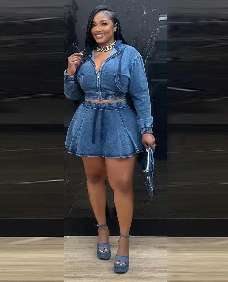 Faded Denim Women's Jean Hoodie Jacket + Pleated Mini Jean Skirt 2-Piece Set