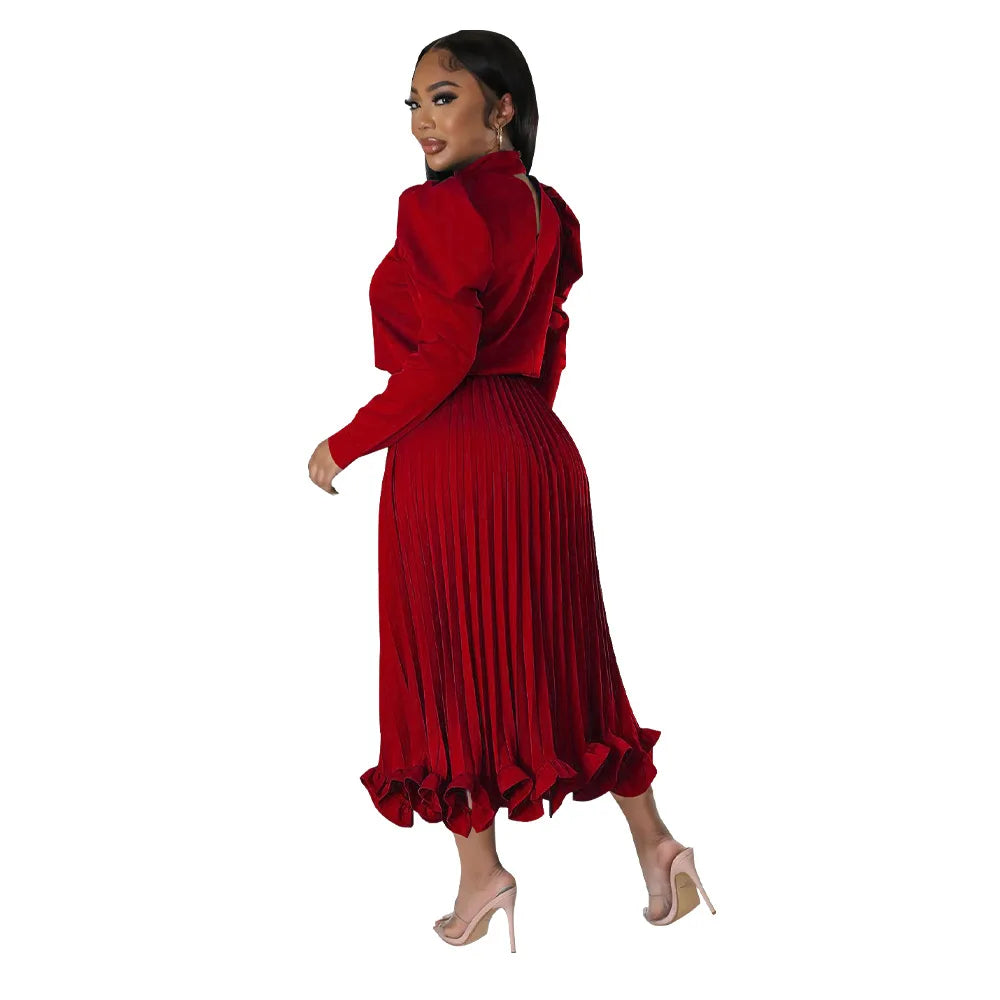 Women’s Solid Color O-Neck Lantern Sleeve Blouse + A-Line Flounce Formal Pleated Maxi Skirt w/ Sash Belt 2-Piece Set