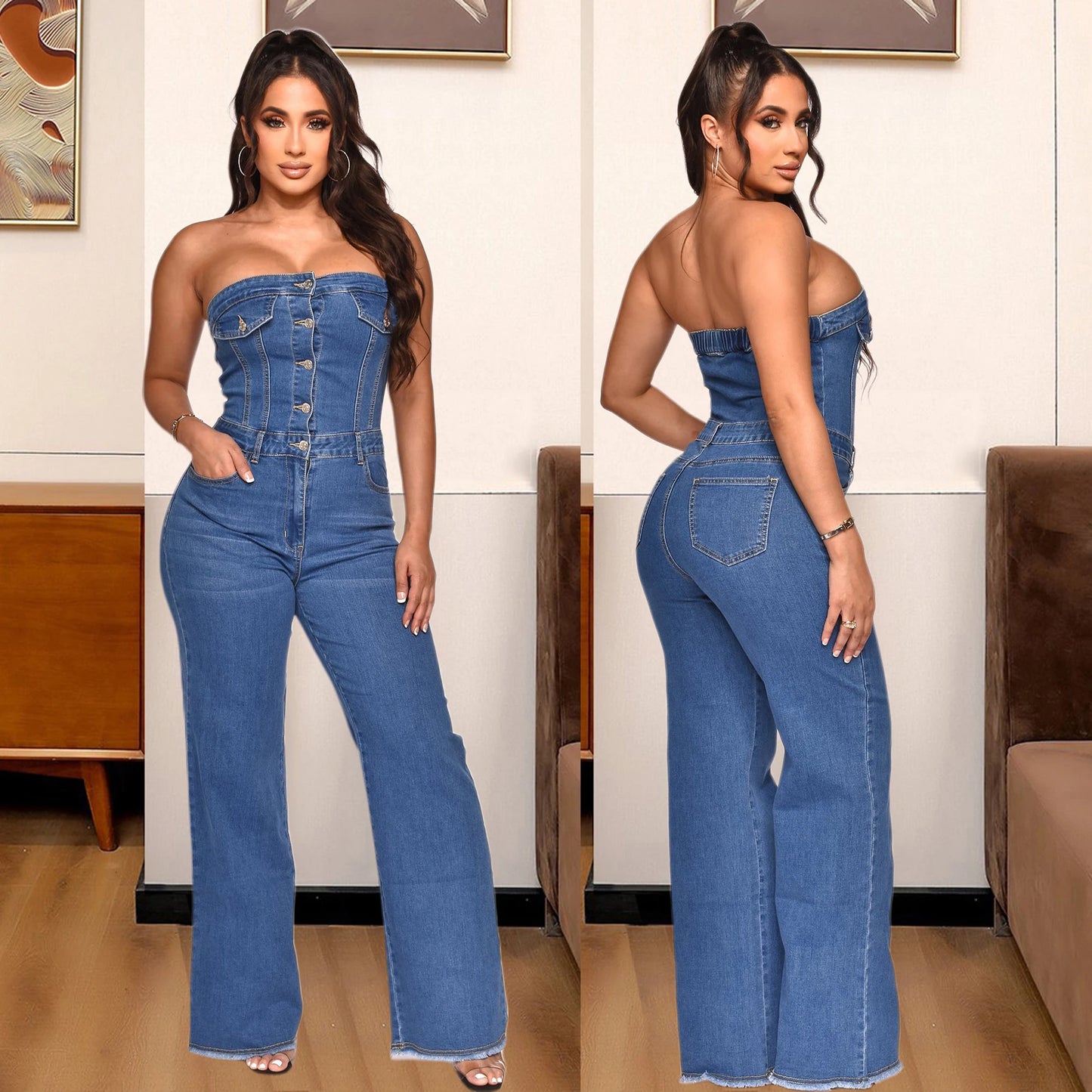 Denim Blue Button-Up Double Pocket Tube Top Design Women's Strapless Overall Jean Jumpsuit
