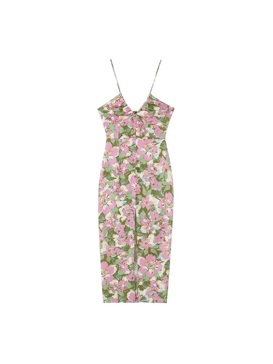 Pink/Green Flower Printed Slip Corset Midi Backless Dress