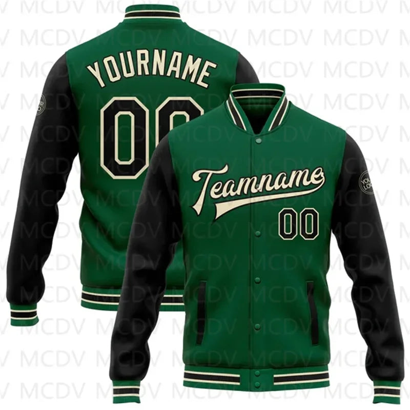 Customized Green Pink-White 3D Name  Letter Print Full-Snap Varsity Letterman Baseball Bomber Jacket