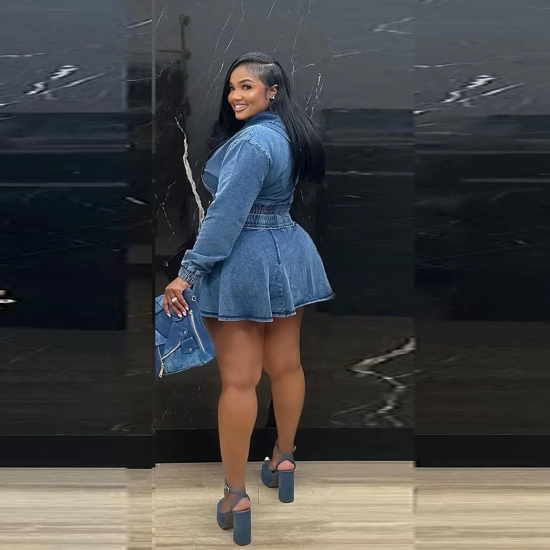 Faded Denim Women's Jean Hoodie Jacket + Pleated Mini Jean Skirt 2-Piece Set
