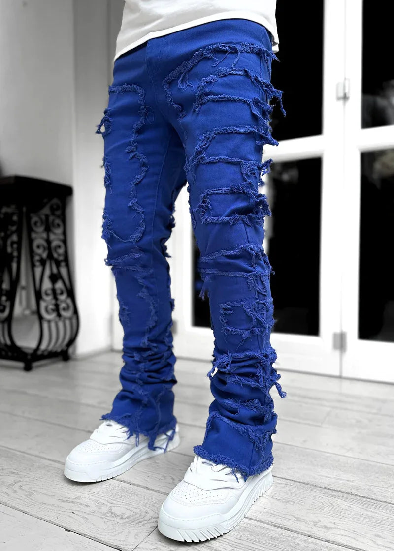 Men's Denim Fringe Ripped Hip-Hop Stretch Stacked Elastic Waist Straight Patchwork Jeans