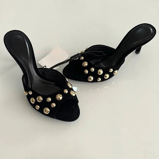 Gold Bead Design Peep Toe Shallow Women's Slip-On Mules