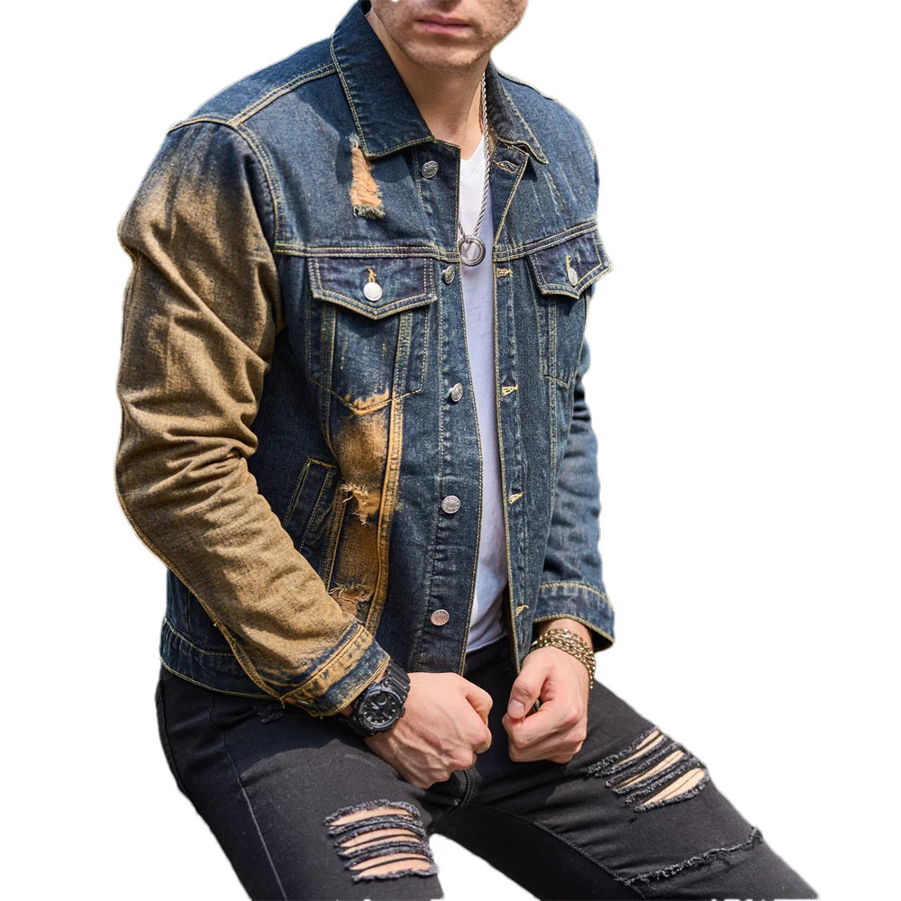 Men's Denim Irregular Colorblock Print Streetwear Ripped Hole Design Distressed Skinny Jean Jacket