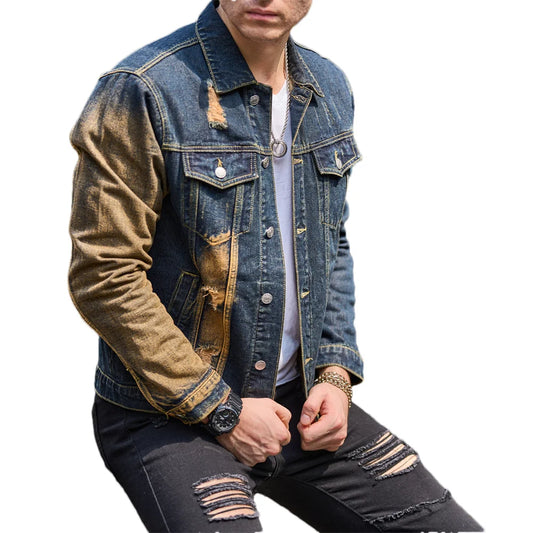 Men's Denim Irregular Colorblock Print Streetwear Ripped Hole Design Distressed Skinny Jean Jacket