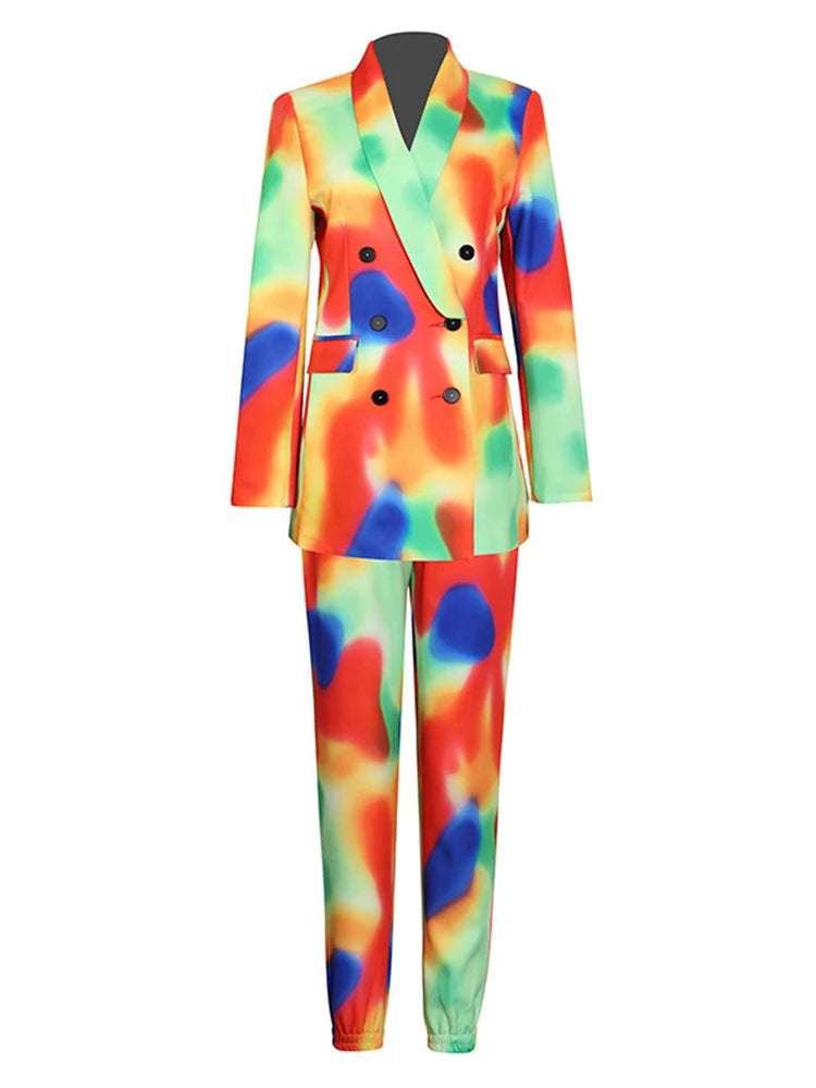Tie-Dye Notched Collar Double Breasted Long Sleeve Blazer + Harem Pants Women's Suit