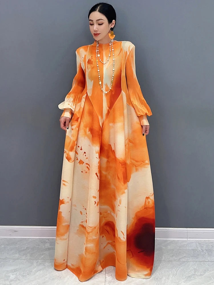 Chiffon Floral Tie-Dye Print Spliced Pleated Long Lantern Sleeve Big Swing Formal Maxi Dress