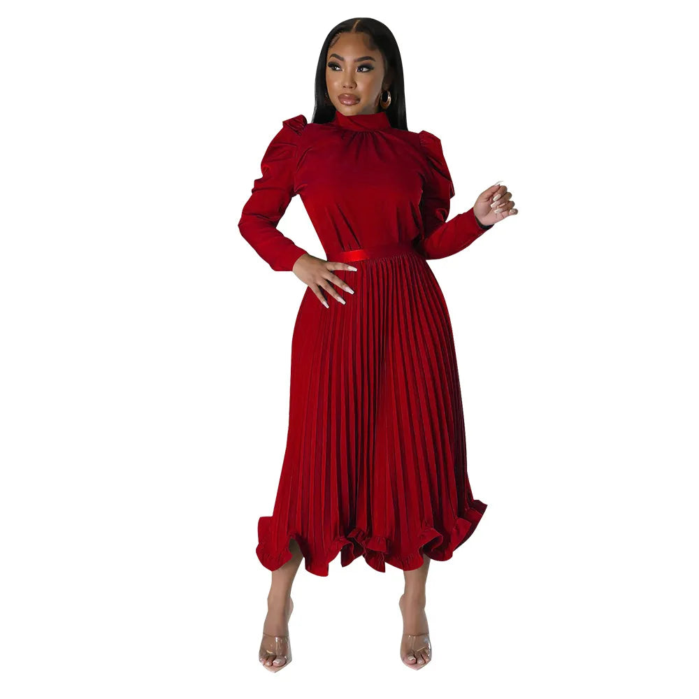 Women’s Solid Color O-Neck Lantern Sleeve Blouse + A-Line Flounce Formal Pleated Maxi Skirt w/ Sash Belt 2-Piece Set