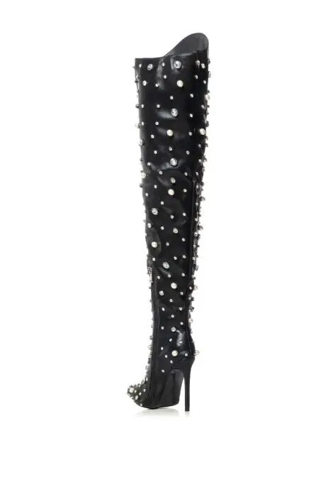 Pearl Embellished Pointed Toe Over-the-Knee Thigh High Boots