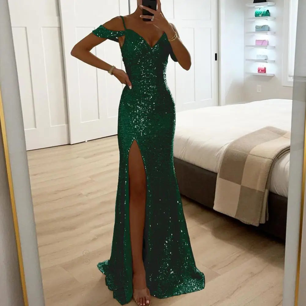 Shiny Sparkling Sequin Off-the-Shoulder V-Neck High Side Slit Party Maxi Dress