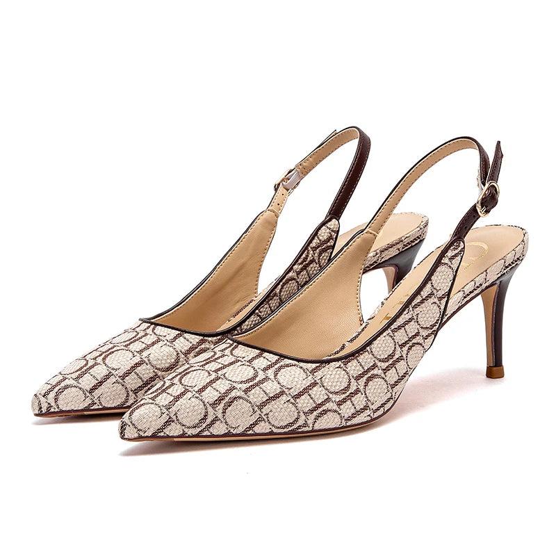 Monogram Letter Print Women's Slingback Buckle Strap Pumps