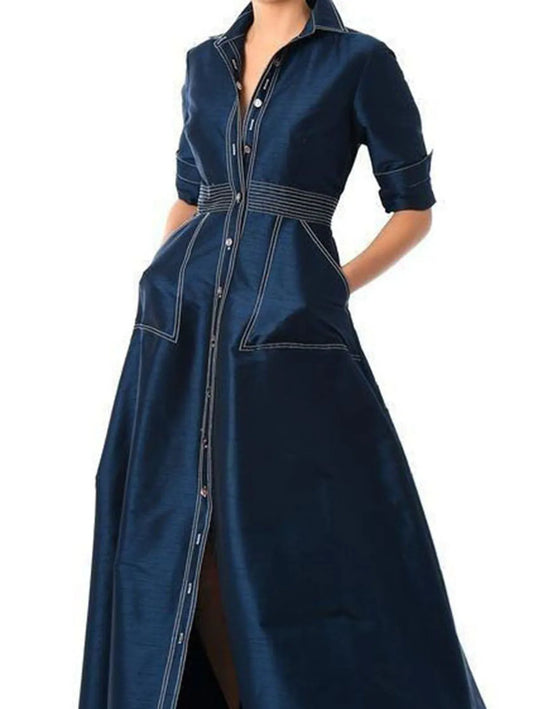 Deep Blue Long Sleeve Turn Down Collar Button Pocket Maxi Shirt Dress to 3X Plus