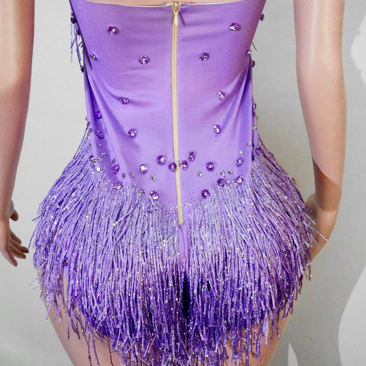 Tassel Fringe Design Sleeveless Zipper Back Sparkling Rhinestone Women's Formal Stage Dance Bodysuit