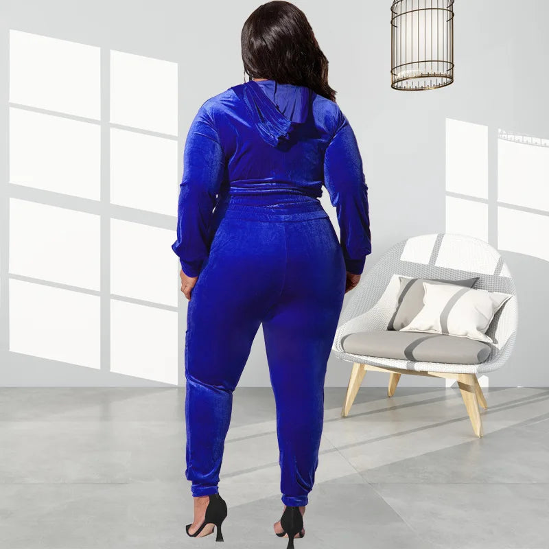 Velvet Solid Women's Zipper Hoodie Jacket + Elastic Waist Sweatpants Tracksuit to 5X Plus Size