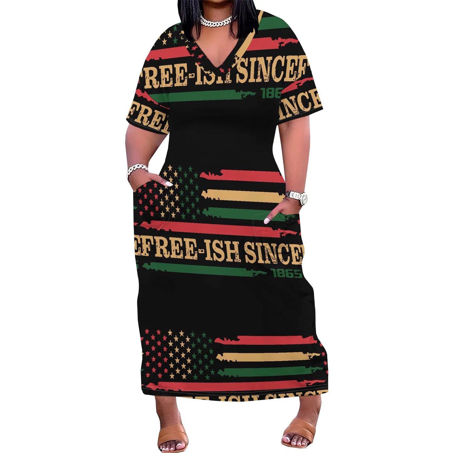 Juneteenth Flag African Colored Striped Short Sleeve Maxi Dress to 6X Plus Size