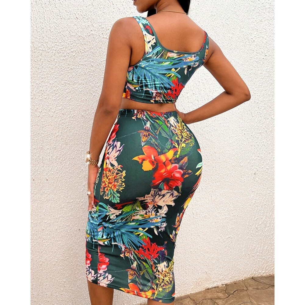 Tropical Print Crop Tank Top & Midi Skirt 2-Piece Set