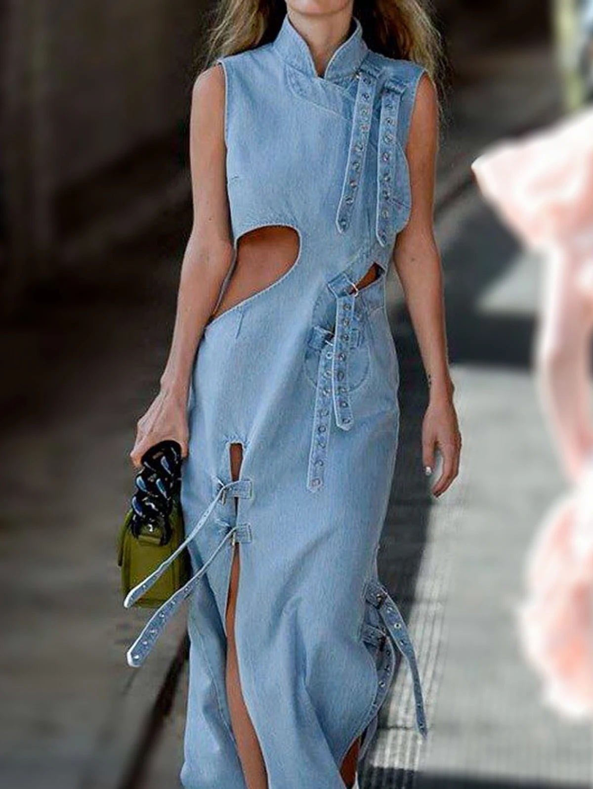 Denim Hollow-Out Sleeveless Patchwork Cut-Out Stand Collar Slit Maxi  Jean Dress to 4X