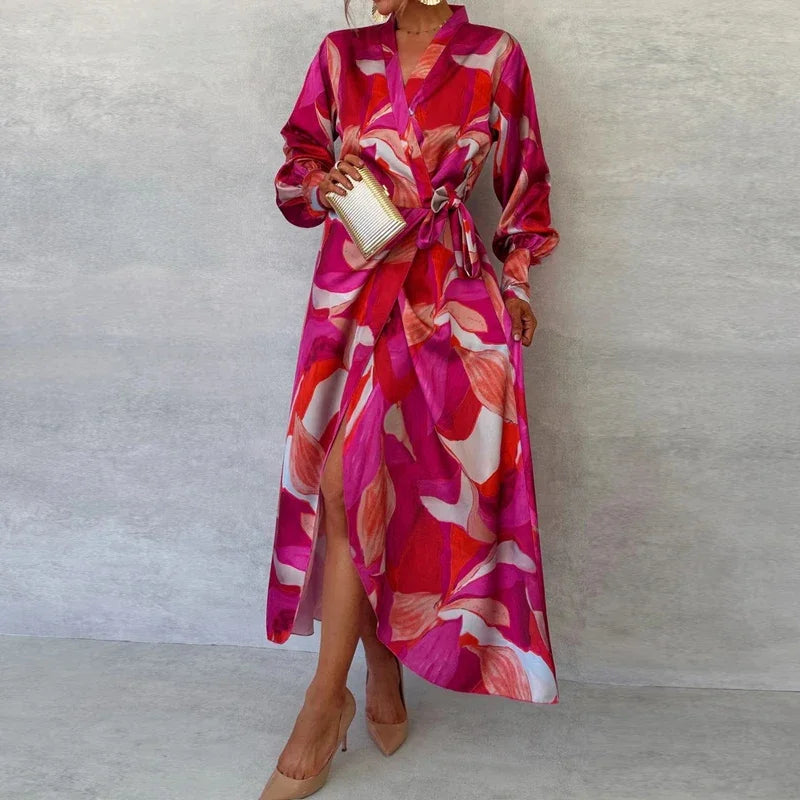 Ruffled Floral Print Puff Long Sleeve Turn-Down Collar Maxi Dress