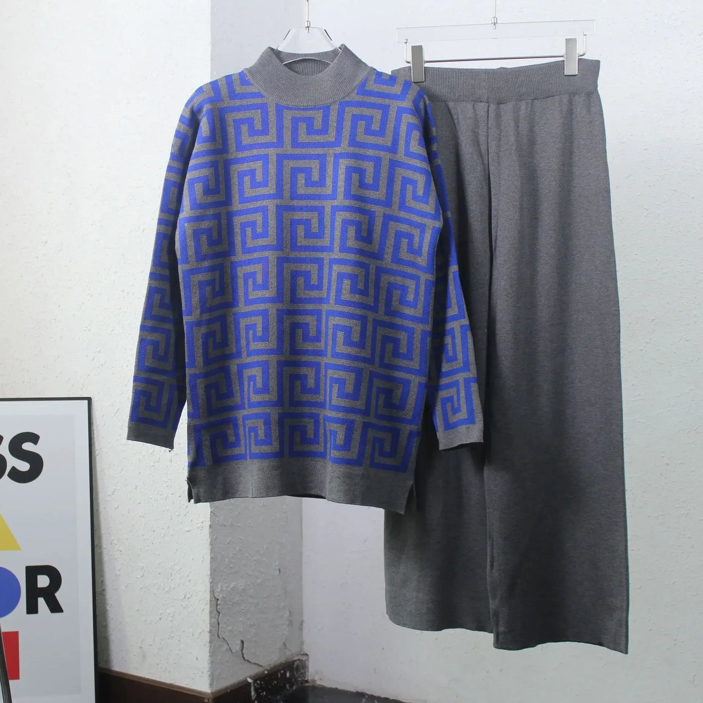 Geometric Colorblock High Collar Sweater + Wide Leg Pants Women's 2-Piece Set