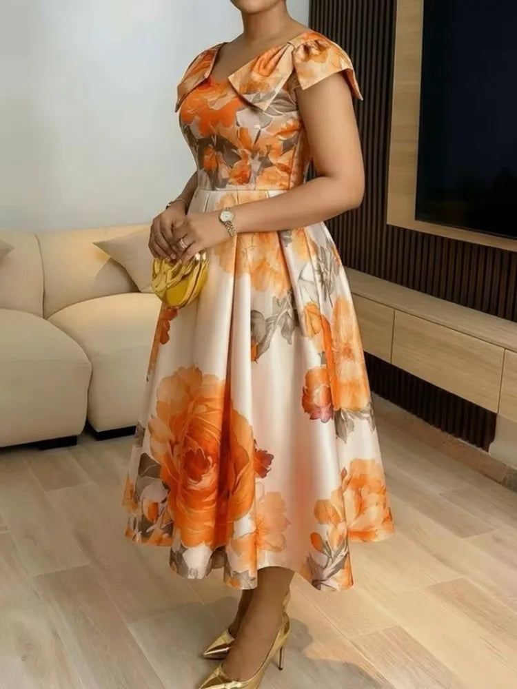 Satin Bowknot Strap Rose Floral Design Short Sleeve Flared Formal Dress
