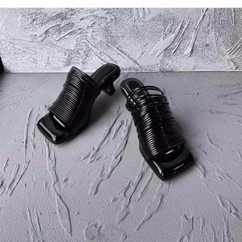 Metallic Square Toe Women's Solid Color Low Heel Sandals